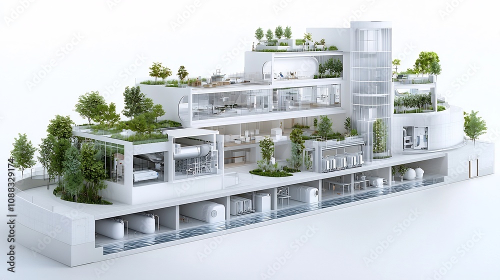 Poster detailed digital plan showcasing a sustainable building design with advanced water recycling technol