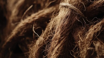 Fototapeta premium Close-up of coir twine highlighting its natural texture and intricate fibers, showcasing the earthy brown tones and rustic detail in the material.