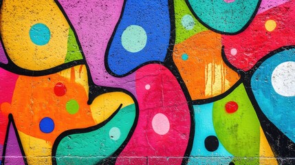 Vibrant urban graffiti mural showcasing colorful abstract shapes and polka dots on a textured wall,...