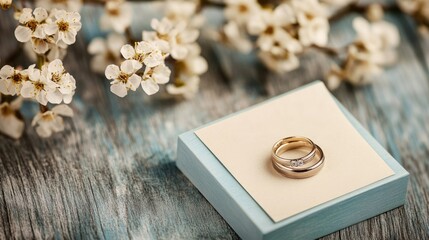 Elegant wedding rings resting on a soft jewelry box, accompanied by a note card and surrounded by delicate white blossoms on a rustic wooden surface.