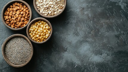 Assorted nutritious cereals displayed in wooden bowls on a textured dark surface, offering plenty of empty space for text or design elements.