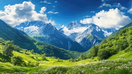 Obraz premium Majestic mountain range with towering peaks surrounded by lush green valleys and vibrant wildflowers under a bright blue sky with fluffy clouds.