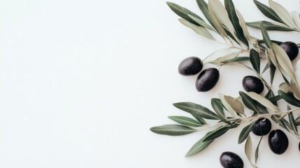 Close up of fresh black olives with green leaves arranged elegantly on a light background, highlighting their rich color and texture.