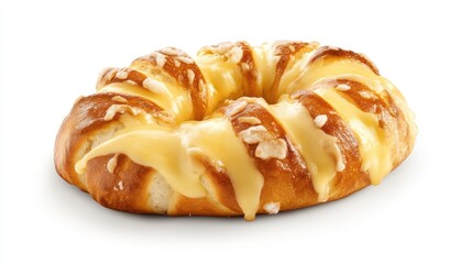 Fototapeta premium Soft pretzel glazed with melted cheese sauce, featuring a golden-brown, twisted shape and soft texture, isolated on a clean white background.