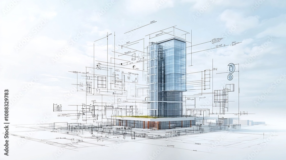 Poster futuristic blueprint design of a green building with an integrated water recycling system promoting 
