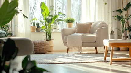 Bright living room with cozy seating and decorative plants, showcasing a clean carpet and natural light streaming through large windows.