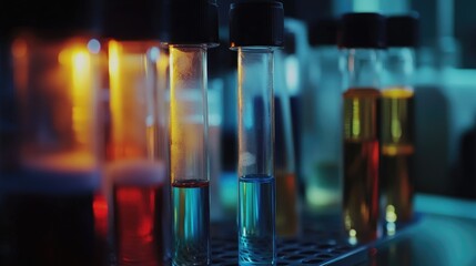 Close-up view of laboratory test tubes showcasing vibrant assorted chemicals illuminated by soft lighting in a scientific setting.