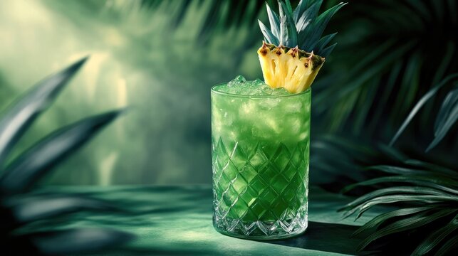 Refreshing tropical green cocktail served in a textured glass, garnished with a fresh pineapple slice, set against lush green foliage.