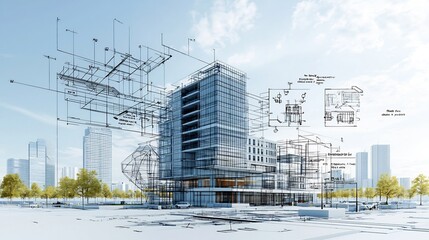 Detailed digital blueprint showcasing an eco friendly and sustainable urban building design with features like water recycling systems for efficient resource management in a modern