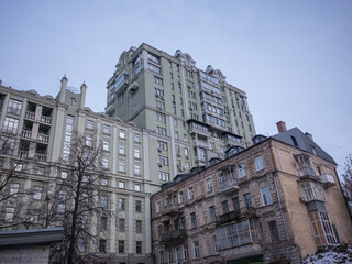 exterior of historical residential buildings in winter kyiv