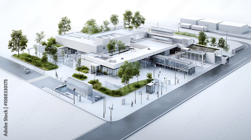 Poster innovative design blueprint of a sustainable building with an integrated water recycling system for 