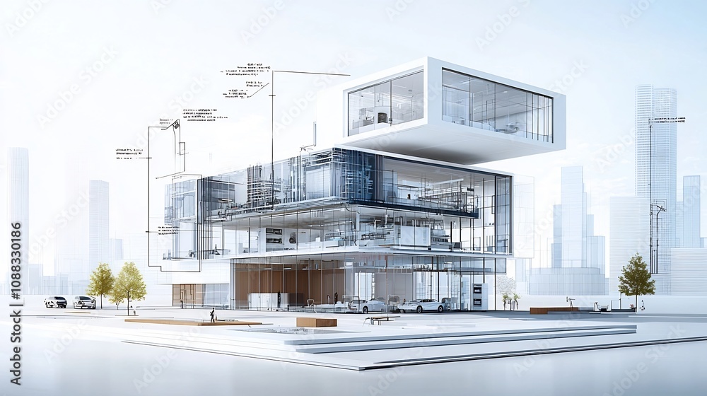 Poster innovative blueprint design showcasing a sustainable building with an integrated water recycling sys