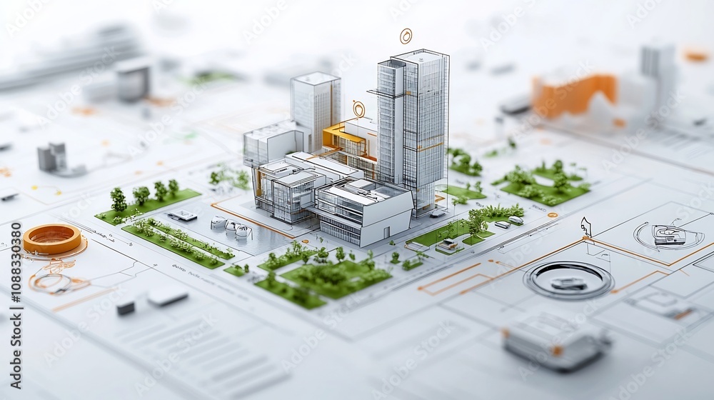 Poster detailed digital architectural blueprint showcasing a sustainable building design with innovative wa
