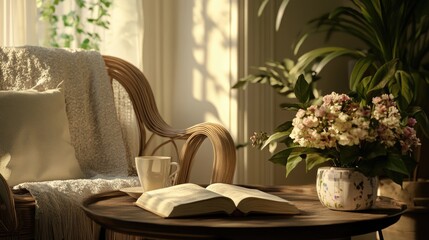 Cozy Reading Nook Featuring a Book and Coffee with Soft Light and Fresh Flowers in the Background