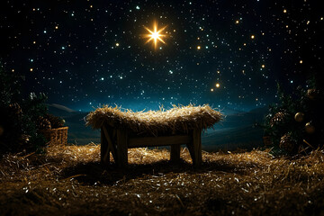 An empty manger and a bright star with backdrop of Christmas