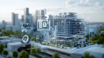 Detailed futuristic blueprint of an eco friendly building with integrated water recycling system