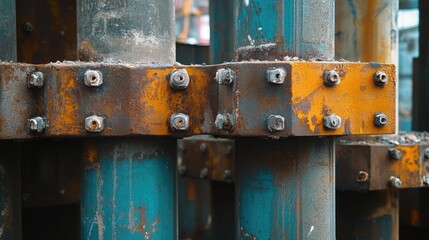 Close-up view of weathered reinforced steel columns showcasing rusted bolts and joints at an industrial construction site