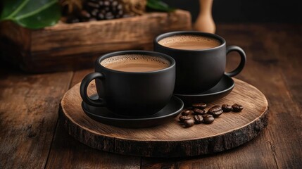 Rich coffee in dark cups surrounded by coffee beans, elegantly presented on a round wooden board against a rustic wooden backdrop.