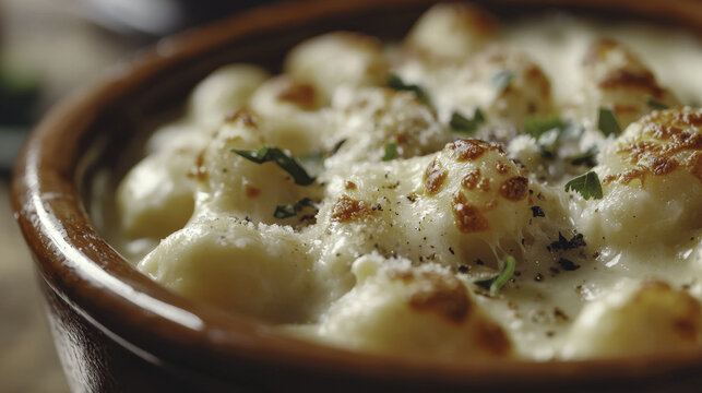 Creamy cheese gnocchi topped with herbs and spices in bowl