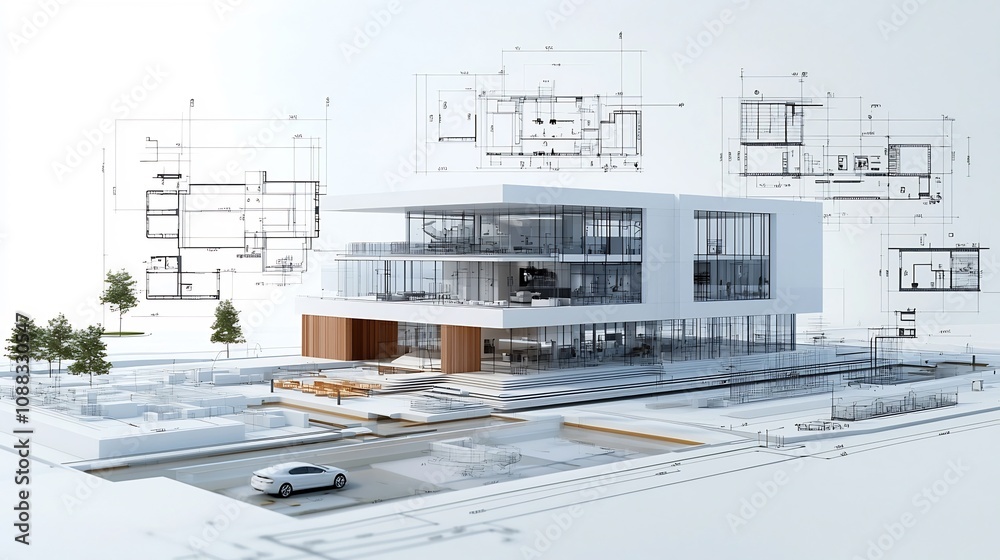 Poster detailed blueprint showcasing the design and engineering of a sustainable building that incorporates