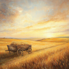 Obraz premium A rustic wooden wagon in a vast golden wheat field at sunset, with a cloudy orange sky in the background
