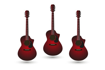 Naklejka premium Set Red vector acoustical guitar wooden icon on white background, with six strings on it. Group of musical guitar symbol in red color
