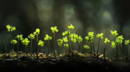Lush green sprouts reaching upward amidst a dark, blurred background, illuminated by soft light, showcasing nature's resilience and beauty.