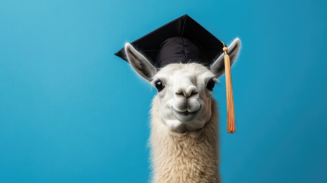 Academic llama wearing a graduation cap against a vibrant blue background, epitomizing pride and celebration of educational achievements.