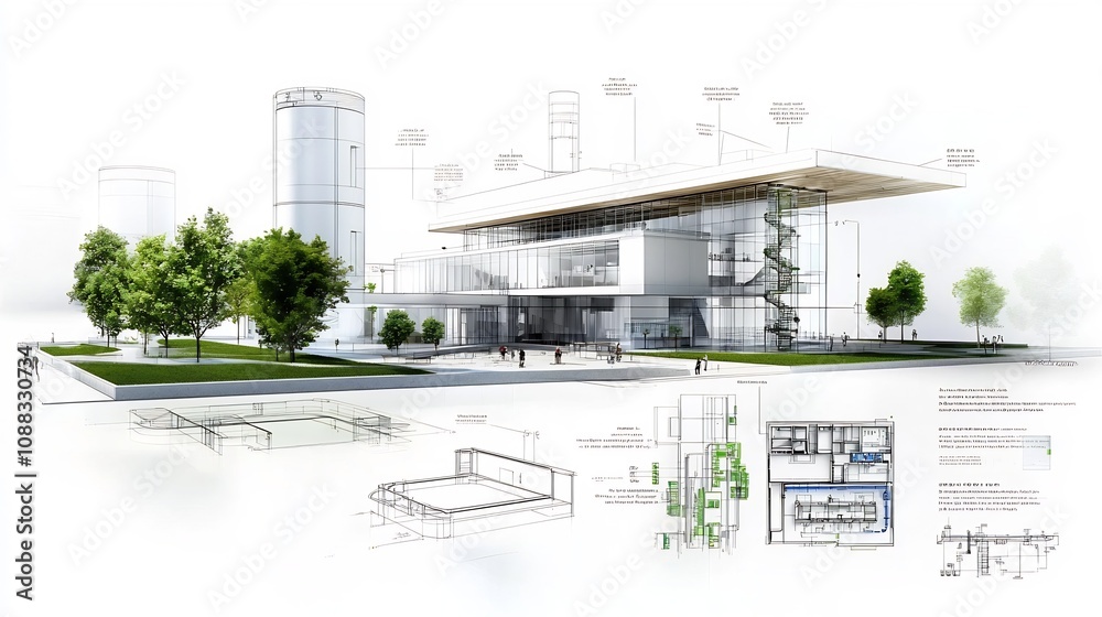 Aufkleber sustainable blueprint design for an environmentally friendly green building with an integrated water