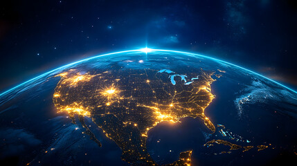 Digital world globe centered on America, concept of global network and connectivity on Earth, data transfer and cyber technology, information exchange and international telecommunic