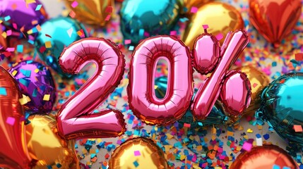 Obraz premium Colorful metallic balloons in the shape of 20% surrounded by vibrant confetti, symbolizing a festive celebration and special discount offer.