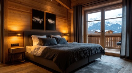 Elegant wooden master bedroom corner showcasing a cozy bed, decorative poster, soft gray bedding, and stunning mountain views from large windows.