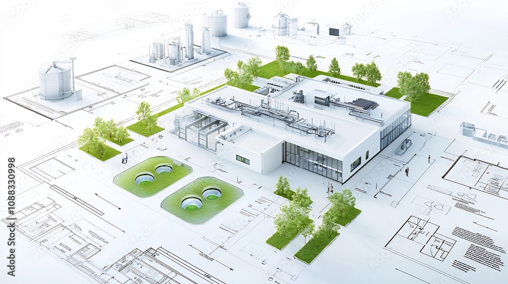 Aufkleber detailed architectural digital blueprint showcasing an eco friendly building design with an integrat