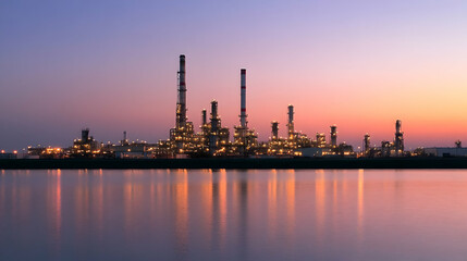 Fototapeta premium Industrial Complex Silhouetted Against a Vibrant Sunset Sky, Reflecting in Calm Water