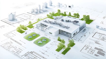 Detailed Architectural Digital Blueprint Showcasing an Eco Friendly Building Design with an Integrated Water Recycling System for Sustainable and Energy Efficient Infrastructure