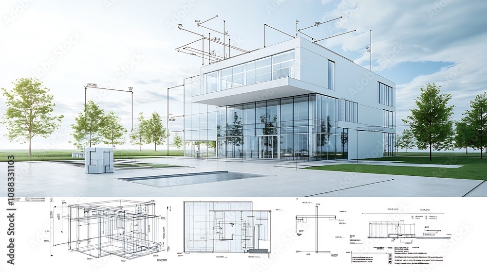 Poster digital architectural blueprint showcasing a modern eco friendly building with an integrated water r