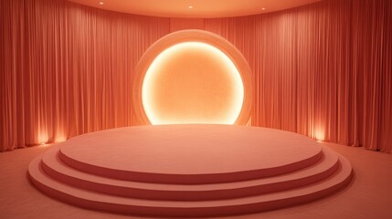 Circular podium featuring soft curves, illuminated by a warm pink backdrop with draped fabric, creating an inviting and modern atmosphere.