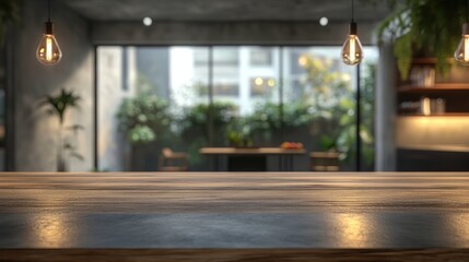 Stylish contemporary workspace with a blurred wooden table and bokeh lights, featuring an elegant counter and a vintage wooden desk surrounded by greenery.