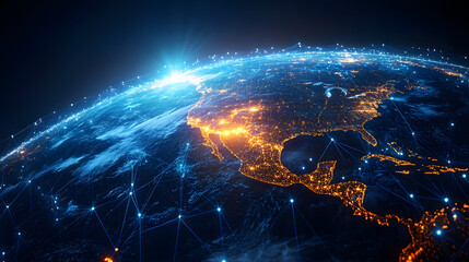 Digital world globe centered on America, concept of global network and connectivity on Earth, high speed data transfer and cyber technology, information exchange and international