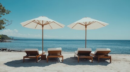 Fototapeta premium Sunbeds with white umbrellas on a tranquil tropical beach, overlooking a serene sea under a clear blue sky, creating a perfect relaxation spot.