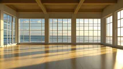 Bright and airy vacant room with large windows showcasing stunning ocean views and minimalist wooden decor, flooded with natural light.