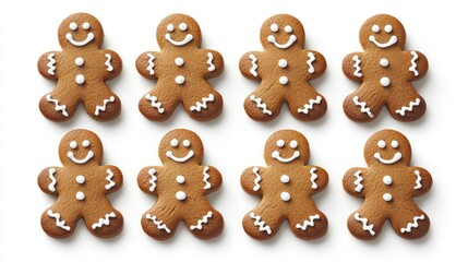 Festive gingerbread cookies arranged in a cheerful grid on a white background, showcasing their smiling faces and decorative icing details.