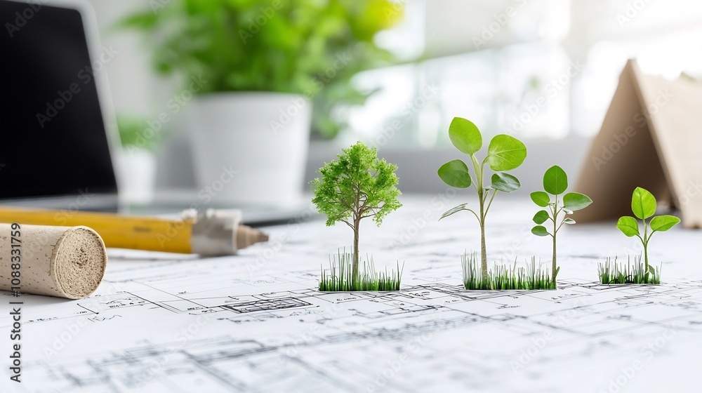 Poster detailed blueprint showcasing sustainable construction techniques and green building practices for e
