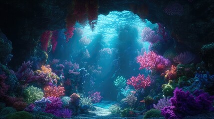Vibrant coral reefs emit enchanting light in an underwater cave, showcasing a spectrum of colors and serene aquatic beauty.