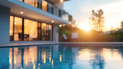 Fototapeta premium Elegant modern home with a serene pool reflecting sunset, showcasing architectural beauty and luxurious outdoor living space.