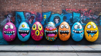 Naklejka premium A row of Easter eggs covered in street art graffiti, bright and bold colors contrasting with a gritty brick wall, urban alleyway setting, photorealistic detail, dynamic and expressive vibe,
