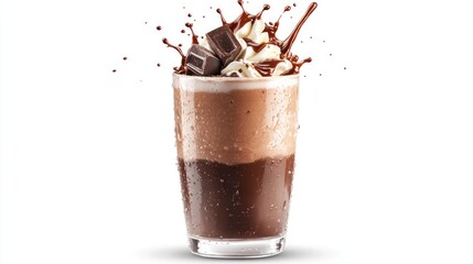 Decadent chocolate milkshake with creamy layers and splashes, topped with chocolate cubes and whipped cream, set against a clean white background.