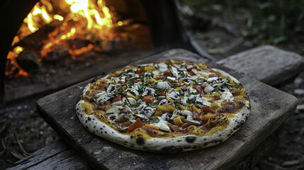 Freshly baked homemade pizza with vegetables near wood fired oven