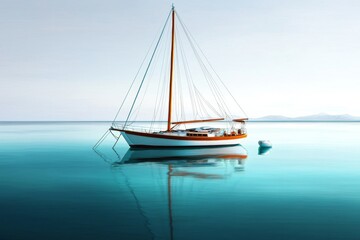 Fototapeta premium Simple line drawing of a yacht anchored in the sea, in soft pastel colors on a white background