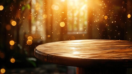 Rustic round wooden table with a glowing atmosphere, softly illuminated by warm light and shimmering bokeh in a blurred kitchen setting.